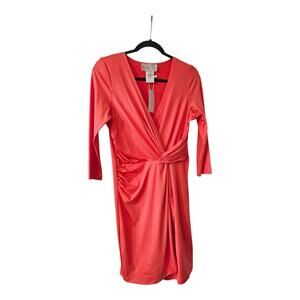 Julie Brown NWT Dress SZ M Front Twist Ruching Coral V-Neck 3/4 Sleeves Stretch